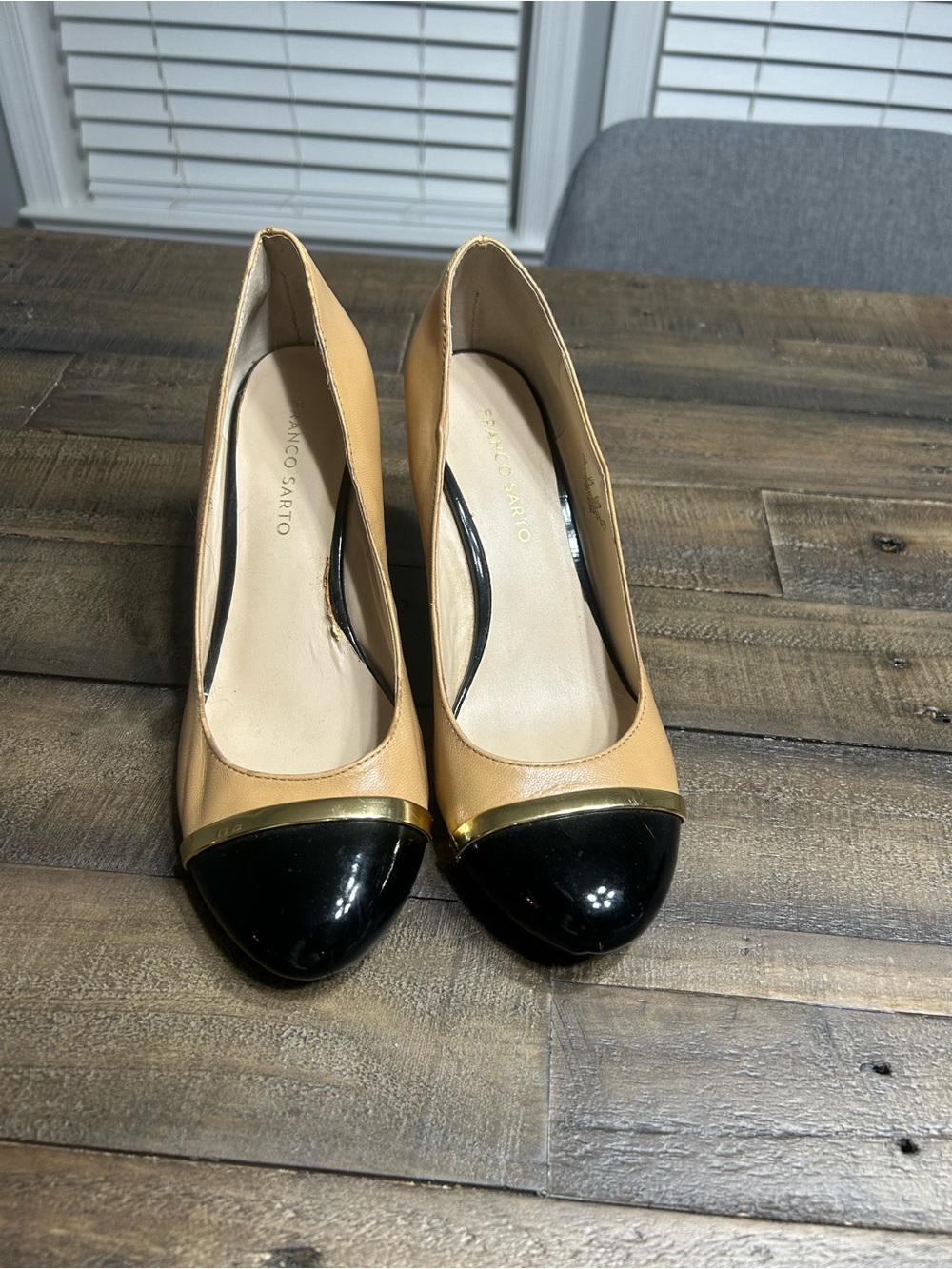 Franco Sarto Tan Black Cap Toe Wedge Pumps Size 8.5M